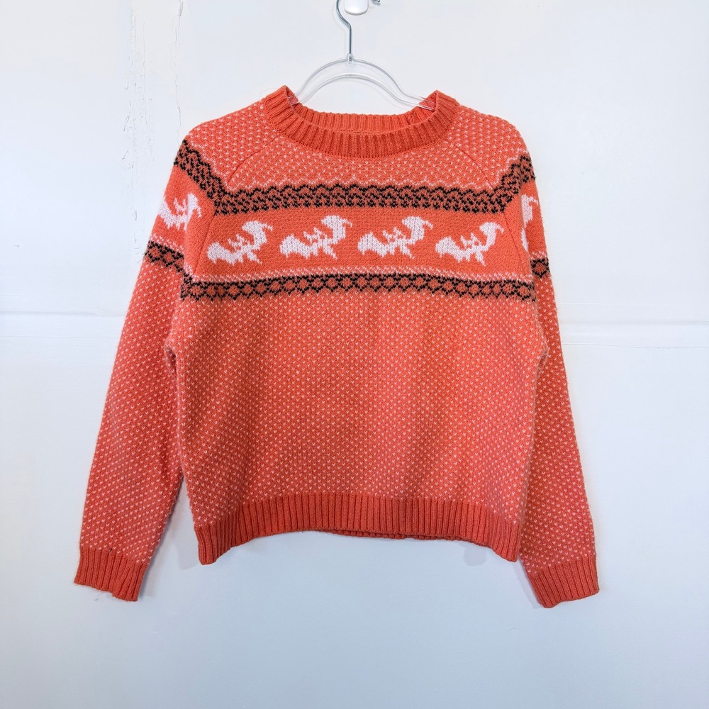 Womens Orange Bat Fair Isle Halloween Sweater Small Fall Cozy Pullover